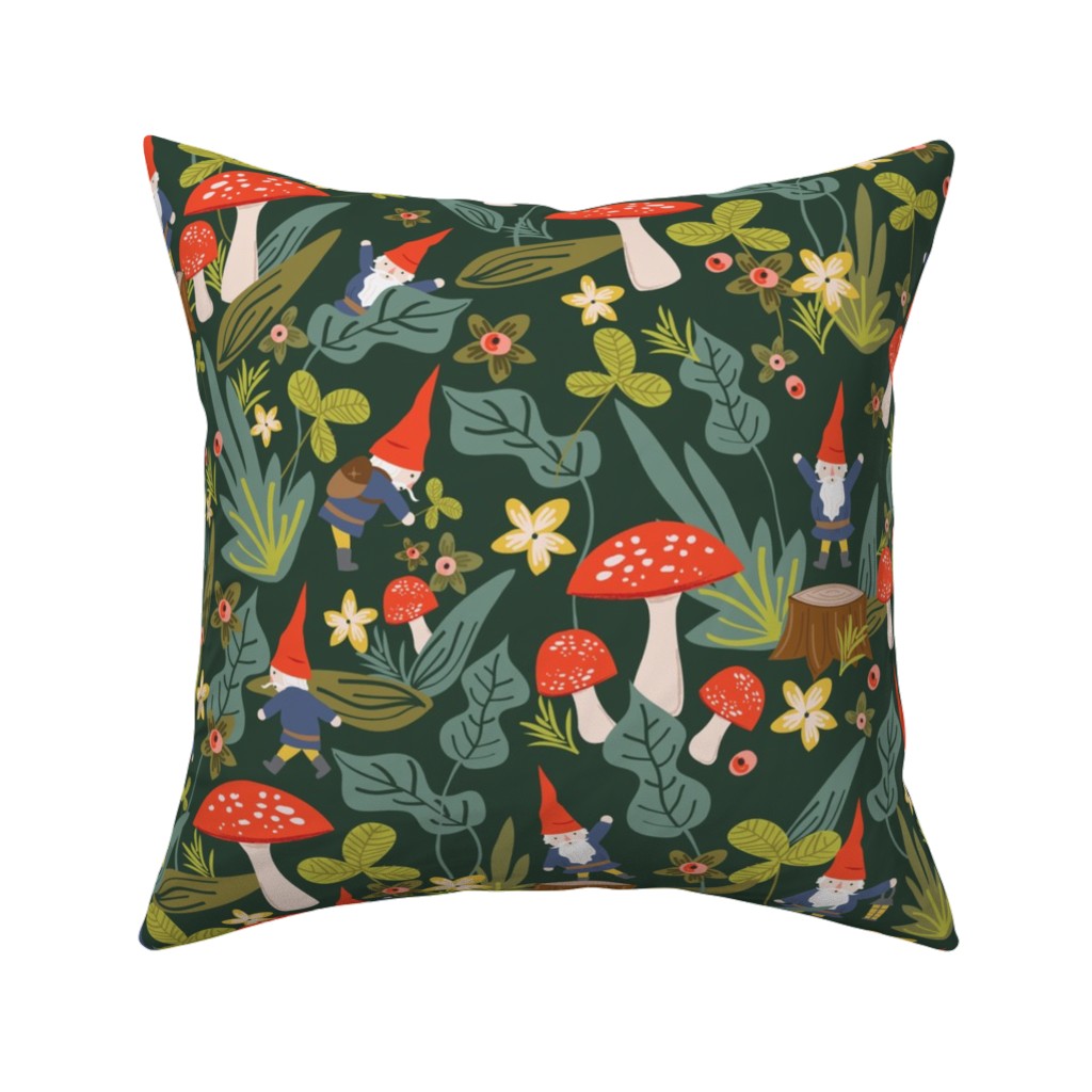 Woodland Gnomes & Mushrooms - Green Pillow, Woven, White, 16x16, Double Sided, Green
