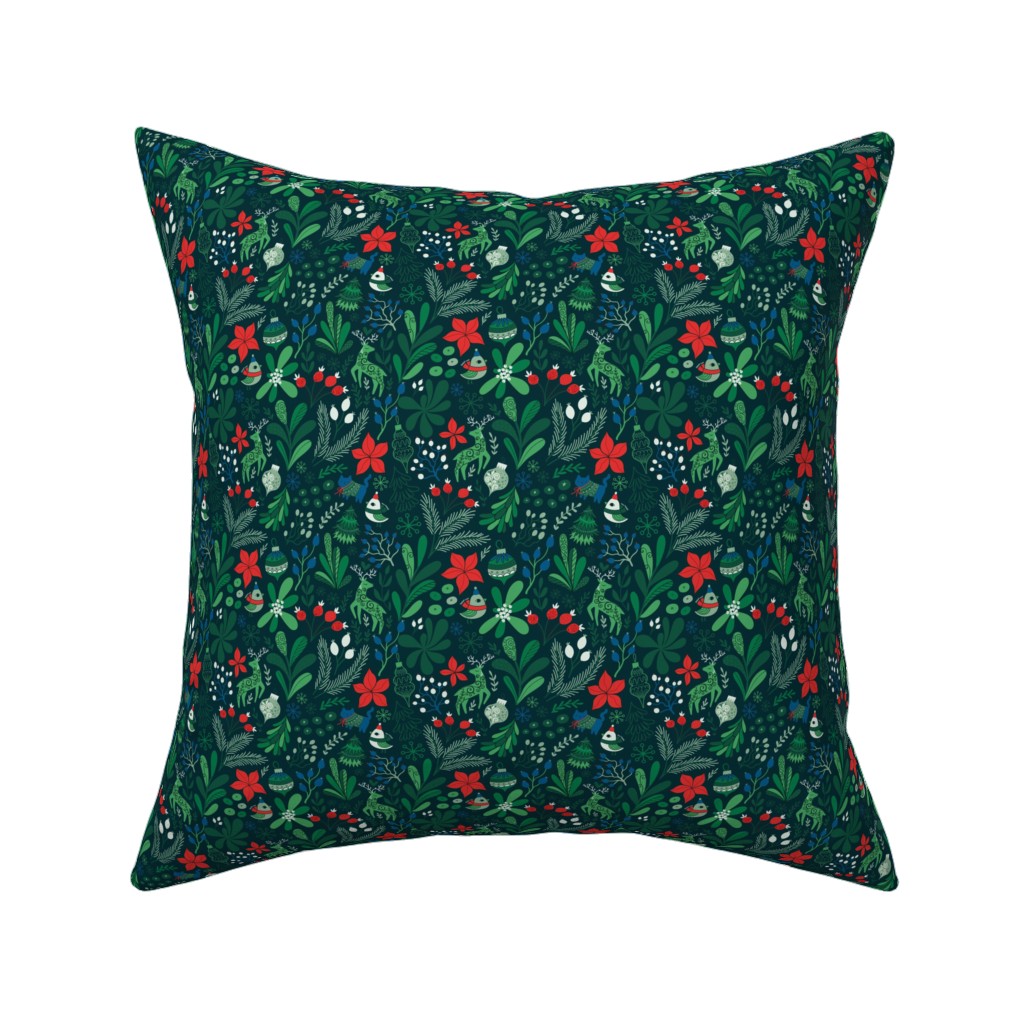 Merry Christmas Floral - Dark Pillow, Woven, White, 16x16, Double Sided, Green