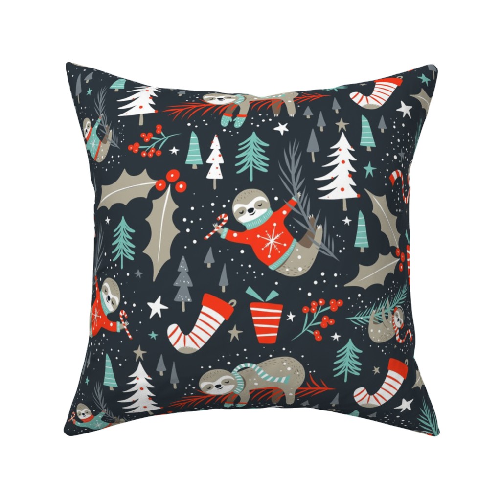 Slothy Holidays Pillow, Woven, White, 16x16, Double Sided, Multicolor