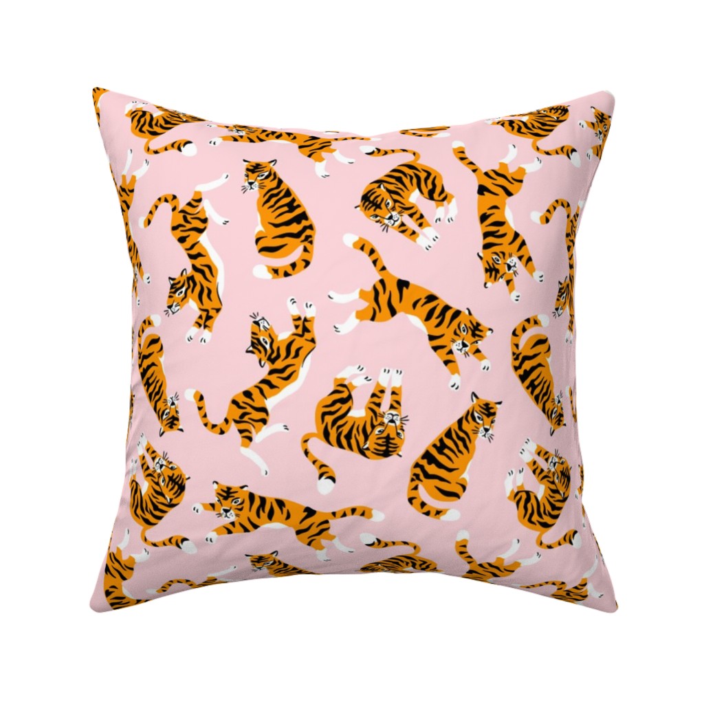 Tigers - Pink Pillow, Woven, White, 16x16, Double Sided, Pink