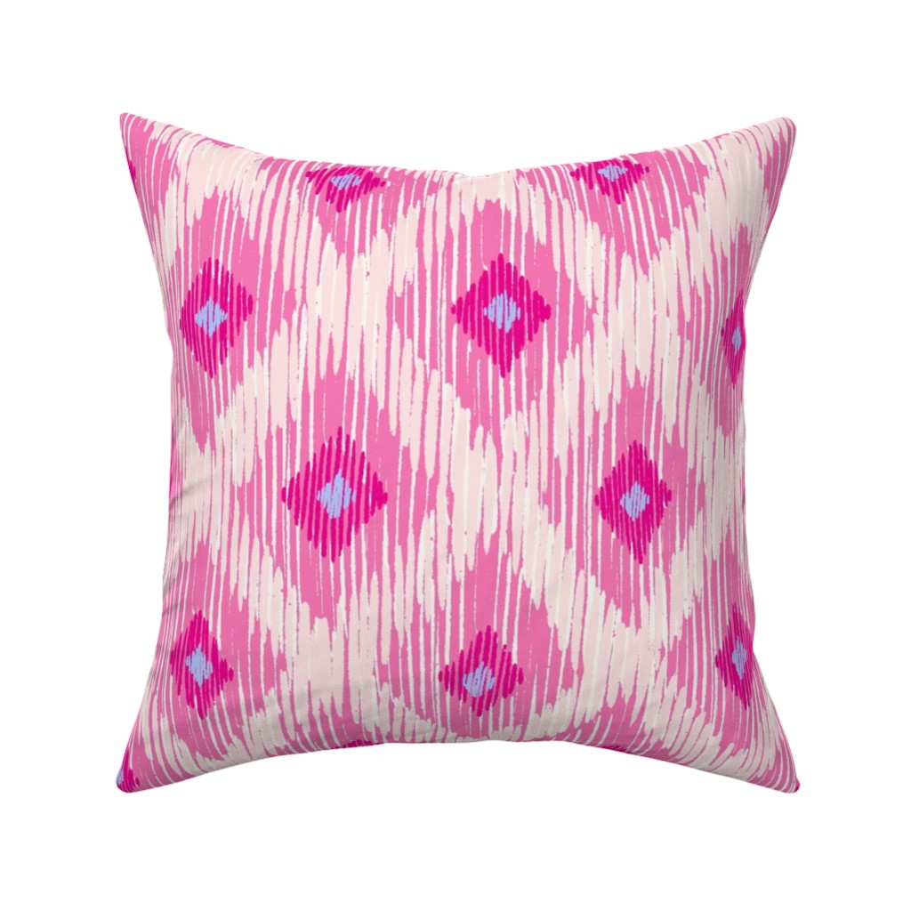 Ikat - Pink With Blue Pillow, Woven, White, 16x16, Double Sided, Pink
