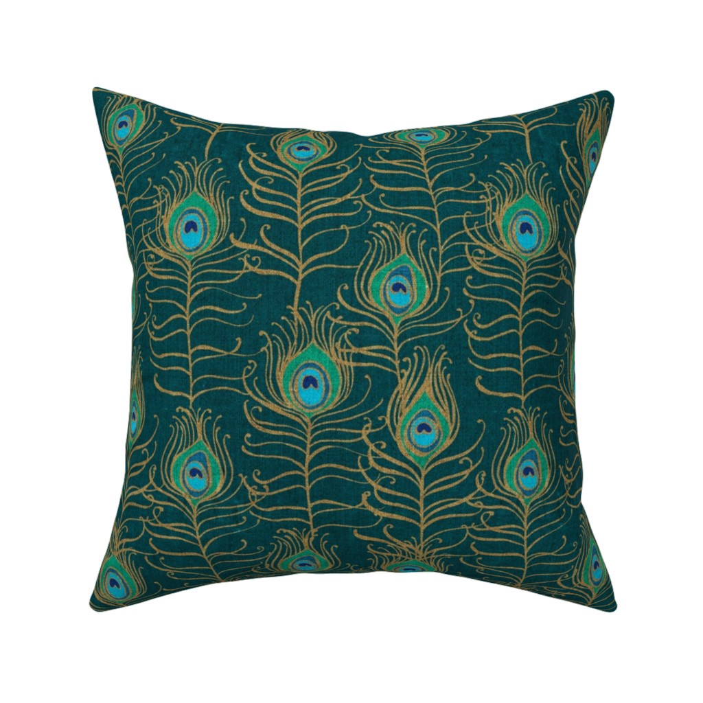 Peacock Feather Nouveau - Emerald Pillow, Woven, White, 16x16, Double Sided, Green, Classic Green