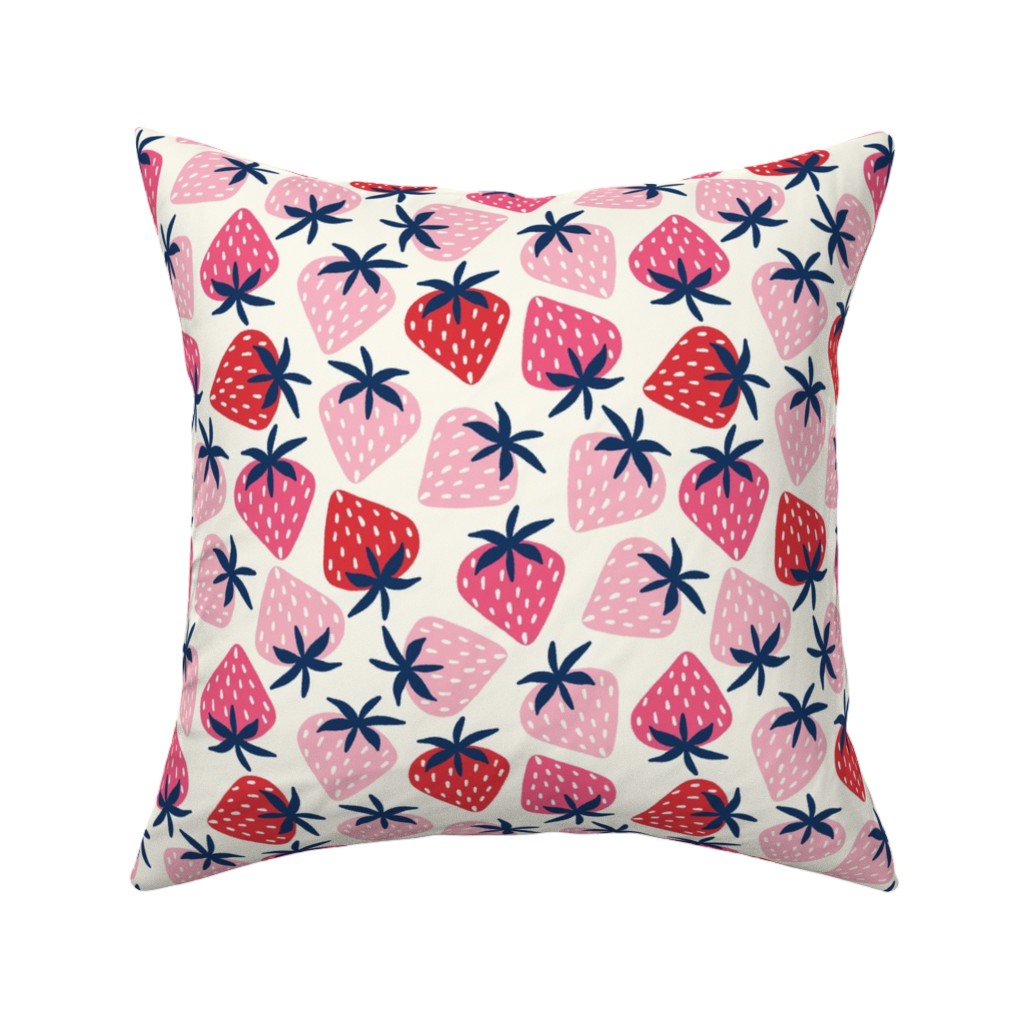 Strawberries - Pink on White Pillow, Woven, White, 16x16, Double Sided, Pink
