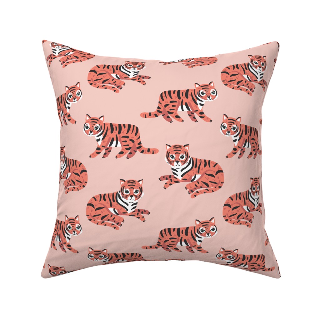 Jungle Tigers - Blush and Coral Pillow, Woven, White, 16x16, Double Sided, Pink