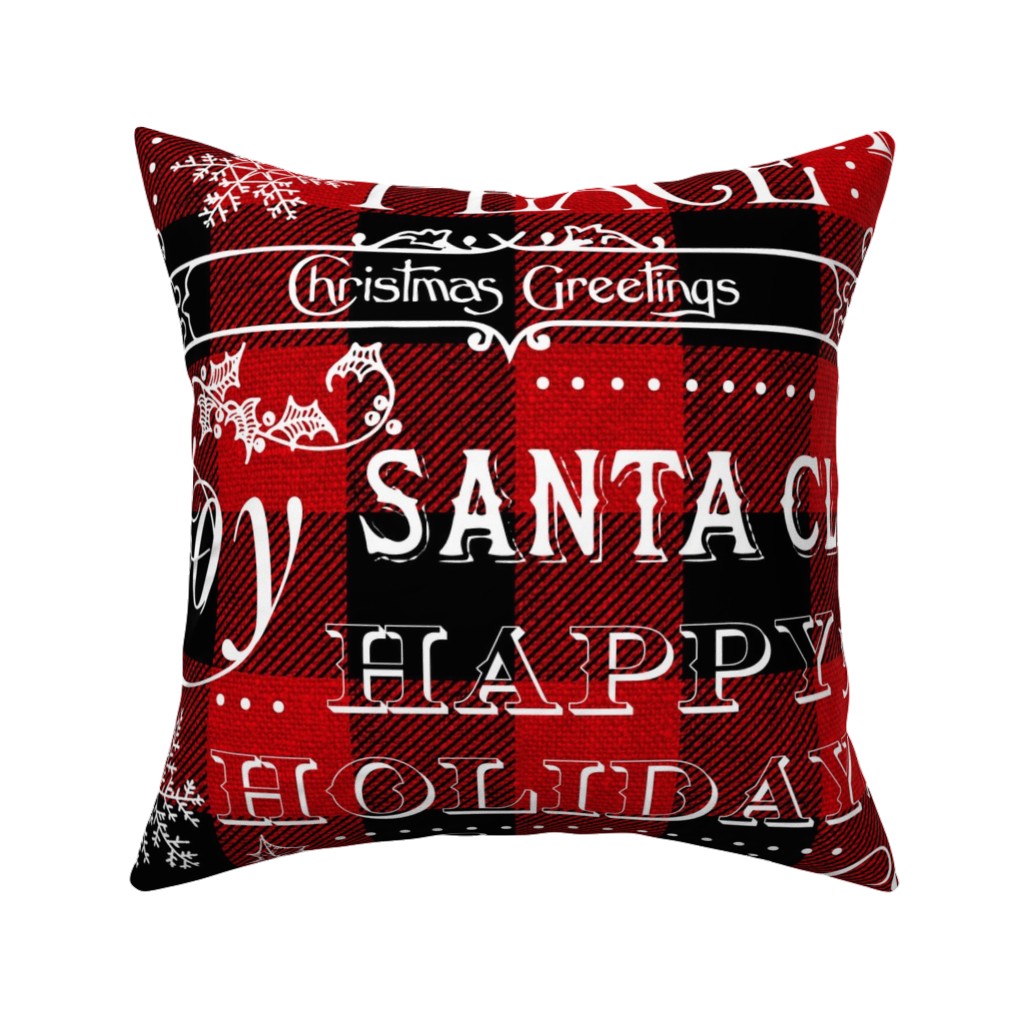 Buffalo Plaid Christmas Typography - Red and Black Pillow, Woven, White, 16x16, Double Sided, Red