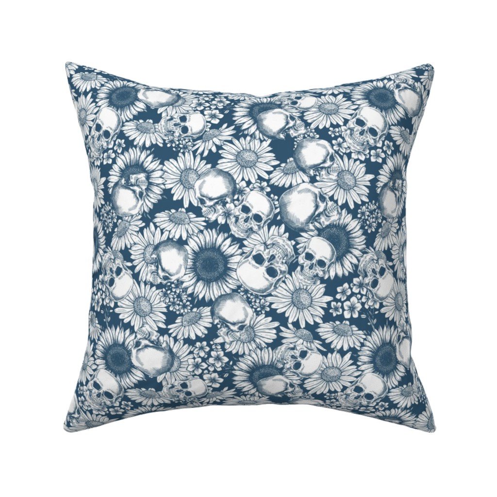 Floral Skull - Blue Pillow, Woven, White, 16x16, Double Sided, Blue