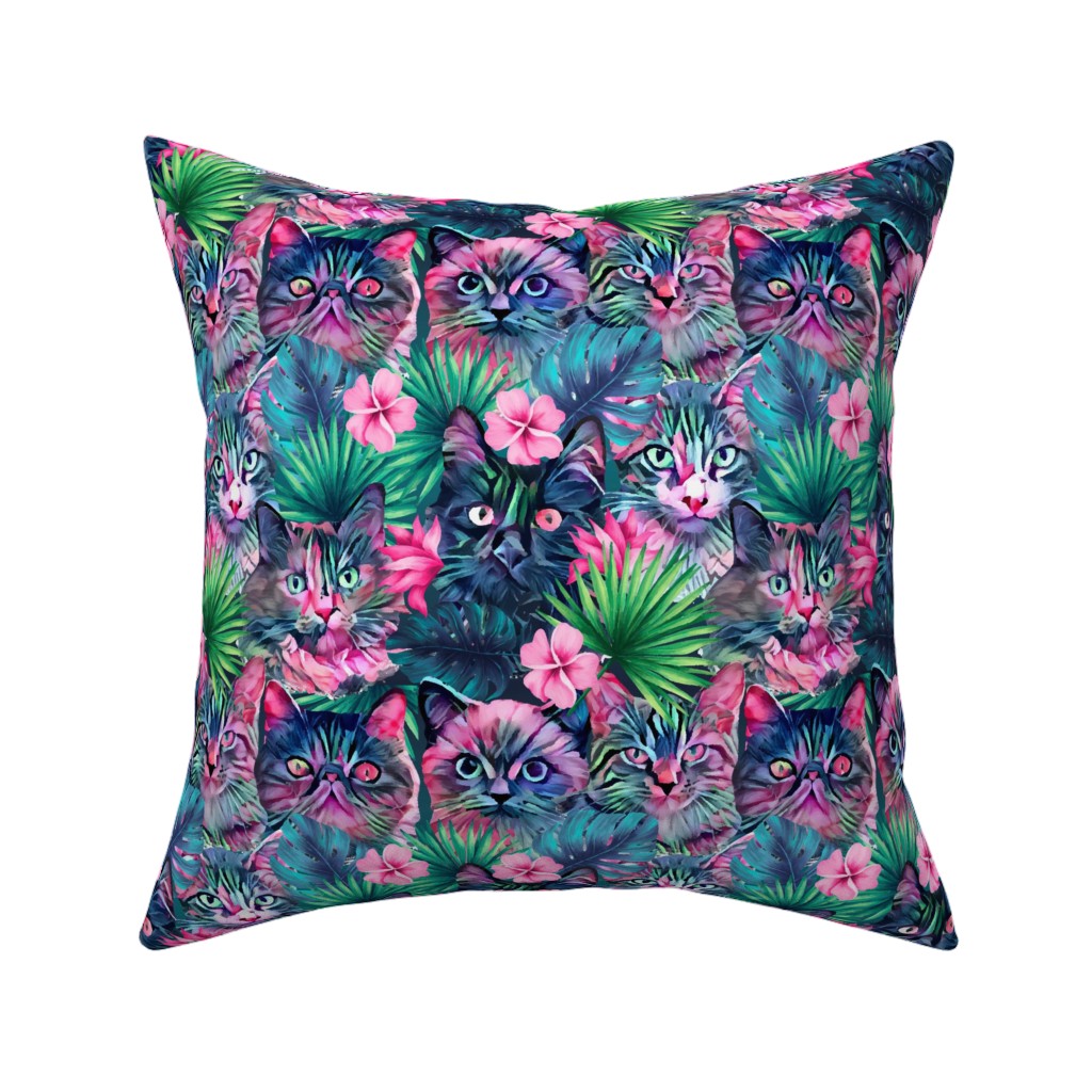 Summer Floral Cats - Multi Pillow, Woven, White, 16x16, Double Sided, Multicolor