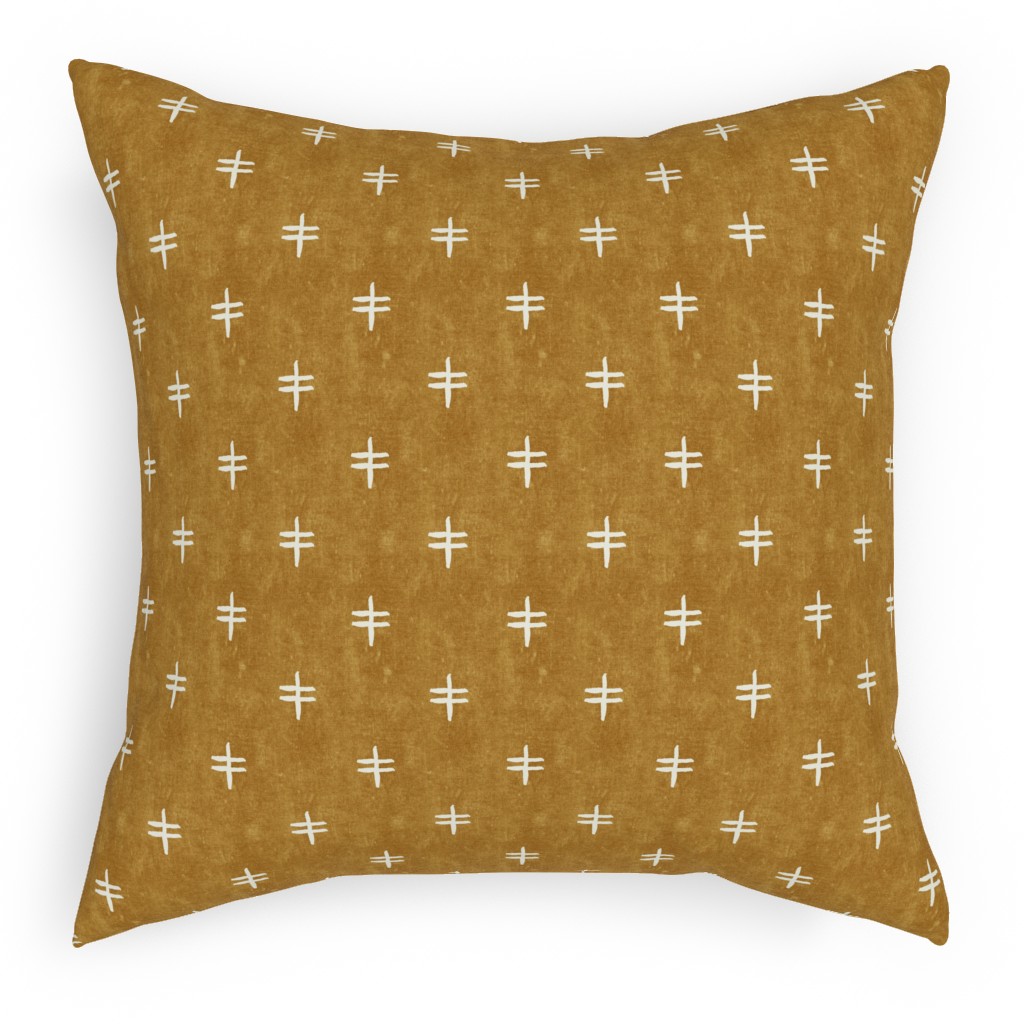 Double Cross Mudcloth Tribal - Mustard Yellow Pillow, Woven, White, 18x18, Double Sided, Brown