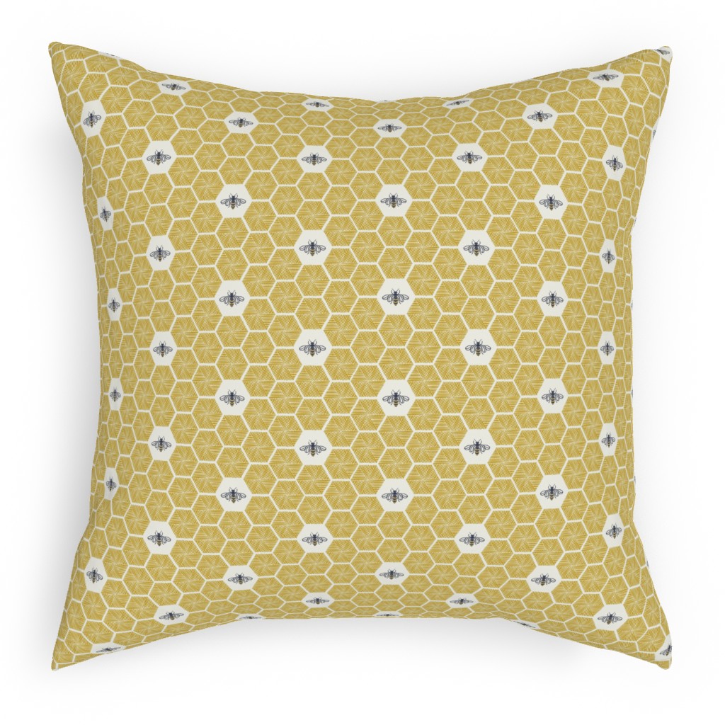 Bees Stitched Honeycomb - Gold Pillow, Woven, White, 18x18, Double Sided, Yellow, Classic Yellow