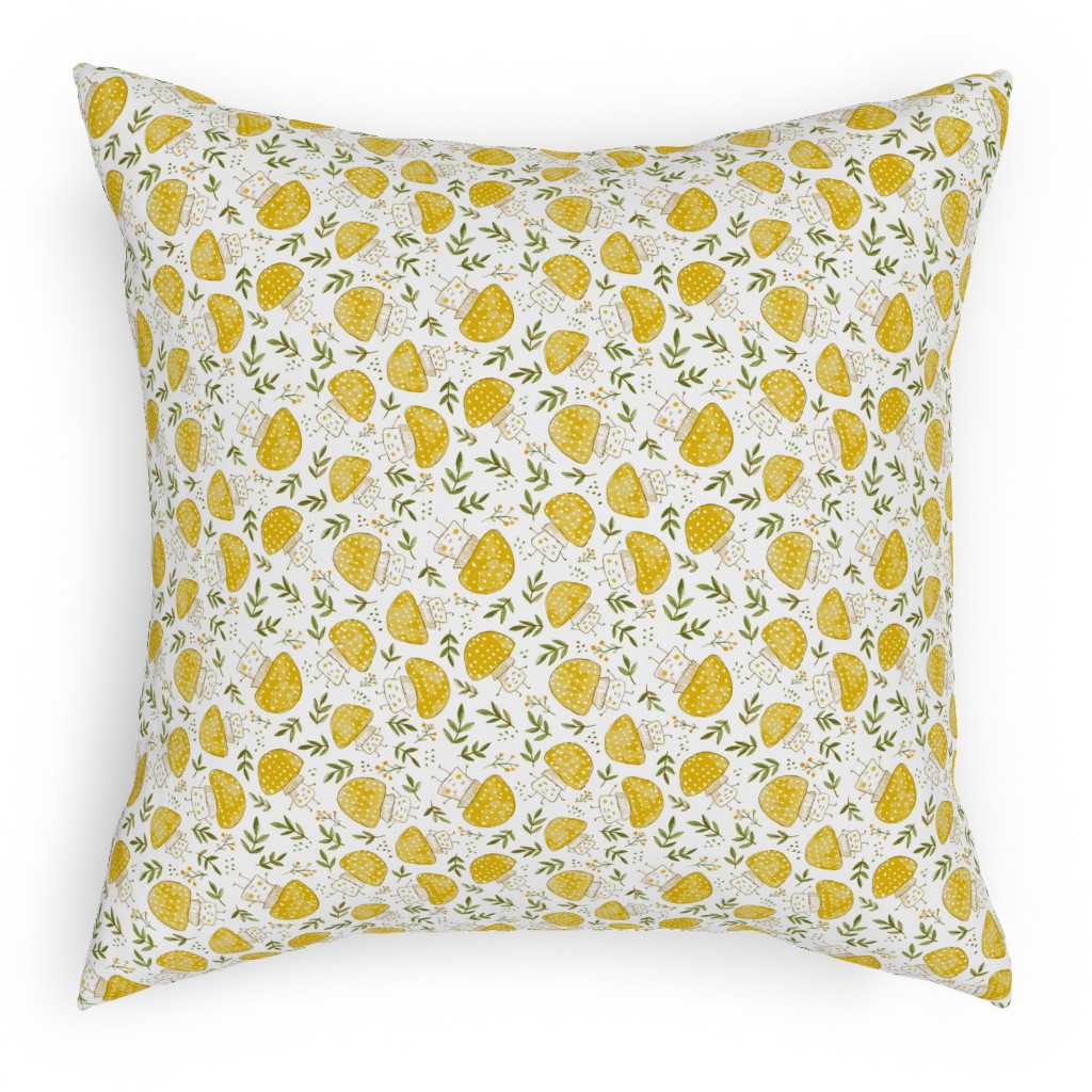 the Happiest Little Mushrooms - Yellow Pillow, Woven, White, 18x18, Double Sided, Yellow