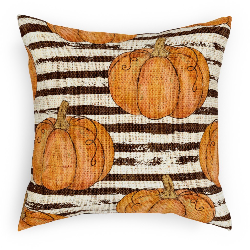 Painted Pumpkins on Distressed Stripes - Orange and Black Pillow, Woven, White, 18x18, Double Sided, Orange