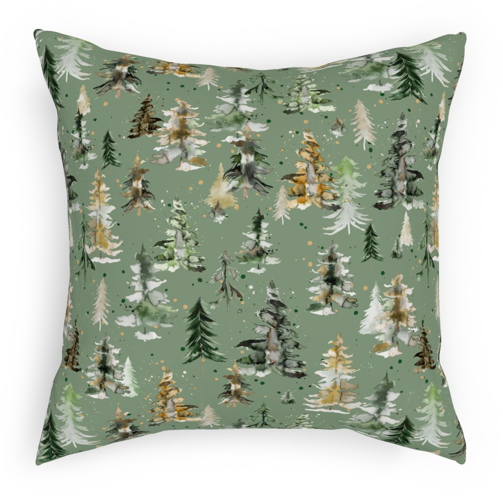 Watercolor Pines and Spruces Christmas - Green Pillow, Woven, White, 18x18, Double Sided, Green, Classic Green