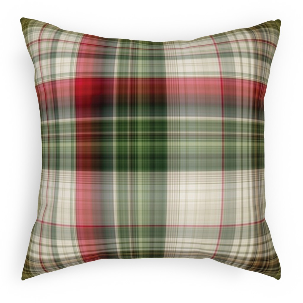 Christmas Plaid - Green, White and Red Pillow, Woven, White, 18x18, Double Sided, Green