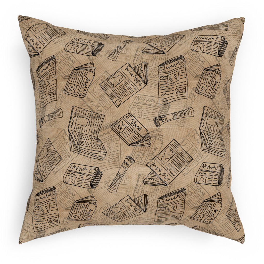 Newsprint Pillow, Woven, White, 18x18, Double Sided, Brown, Morning Latte