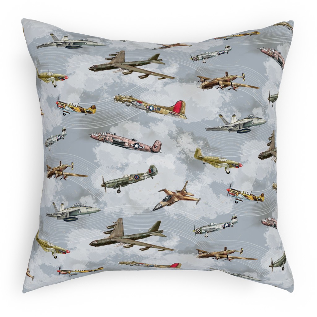 Military Planes Pillow, Woven, White, 18x18, Double Sided, Gray