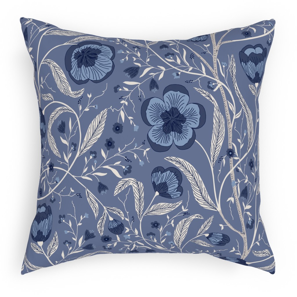 Climbing Flowers and Leafs - Blue Pillow, Woven, White, 18x18, Double Sided, Blue