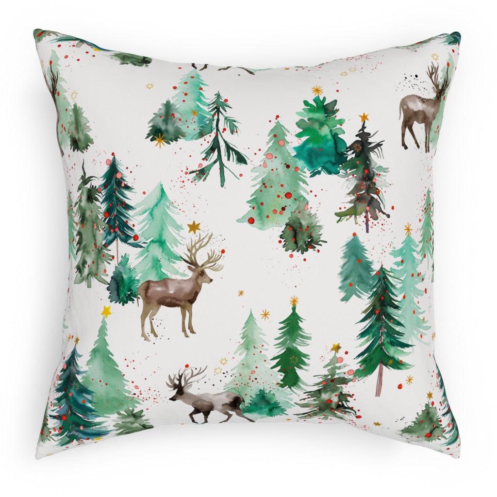 Rudolph Deer & Christmas Trees Pillow, Woven, White, 18x18, Double Sided, Green, Classic Green