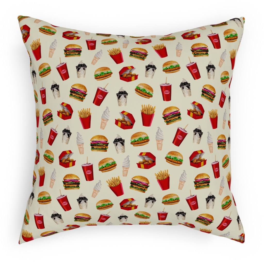 Fast Food Burgers Fries and Sundaes - Multicolor Pillow, Woven, White, 18x18, Double Sided, Multicolor