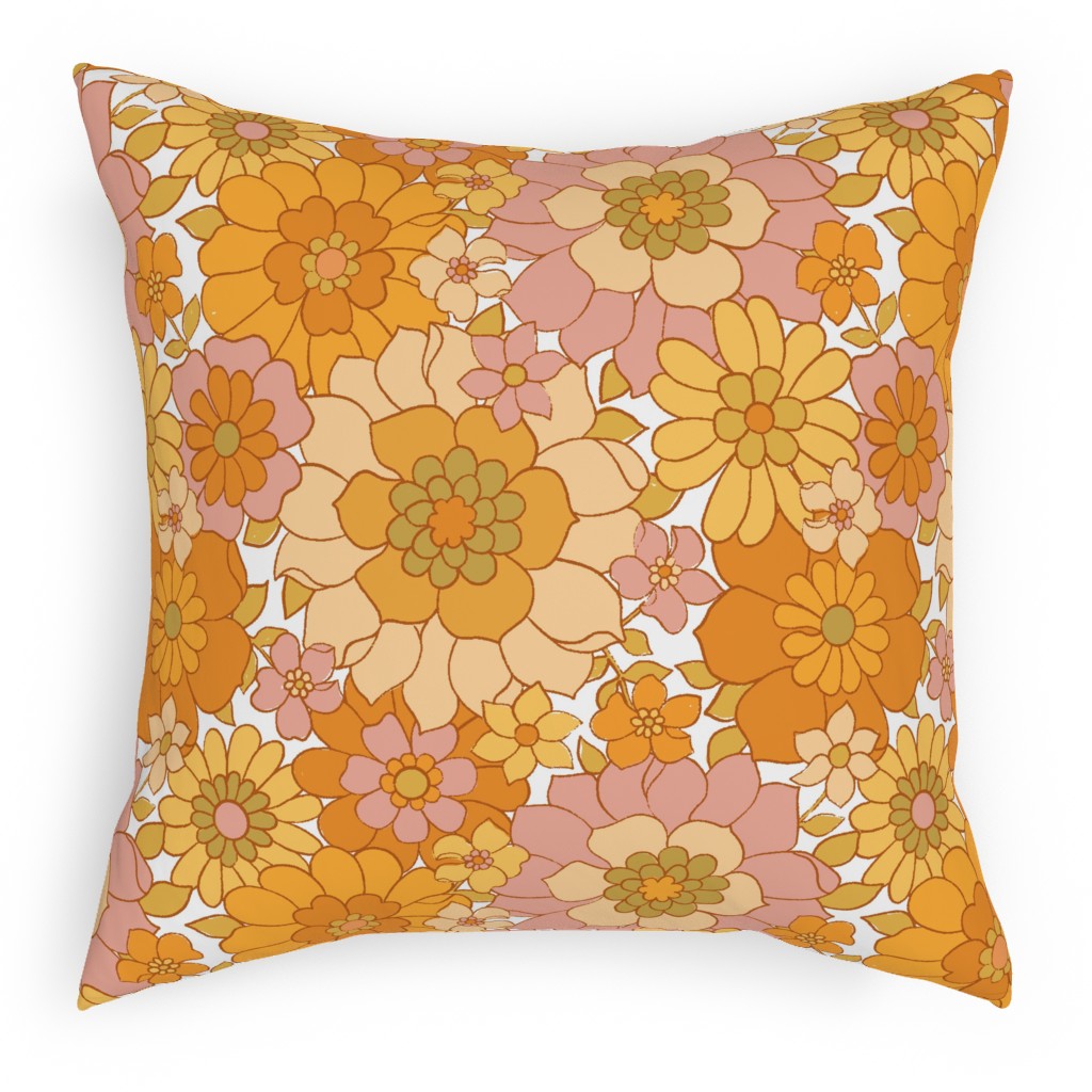 Avery Retro Floral Pillow, Woven, White, 18x18, Double Sided, Orange, Marigold