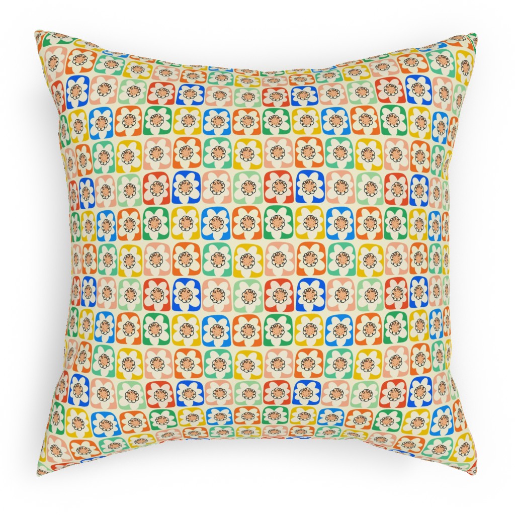 Abstract Retro Flower Doodle Squares - Multi Pillow, Woven, White, 18x18, Double Sided, Multicolor