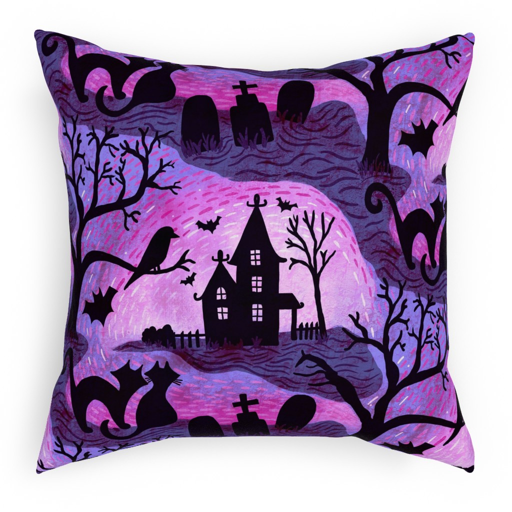 Spooky Halloween Haunts Pillow, Woven, White, 18x18, Double Sided, Purple