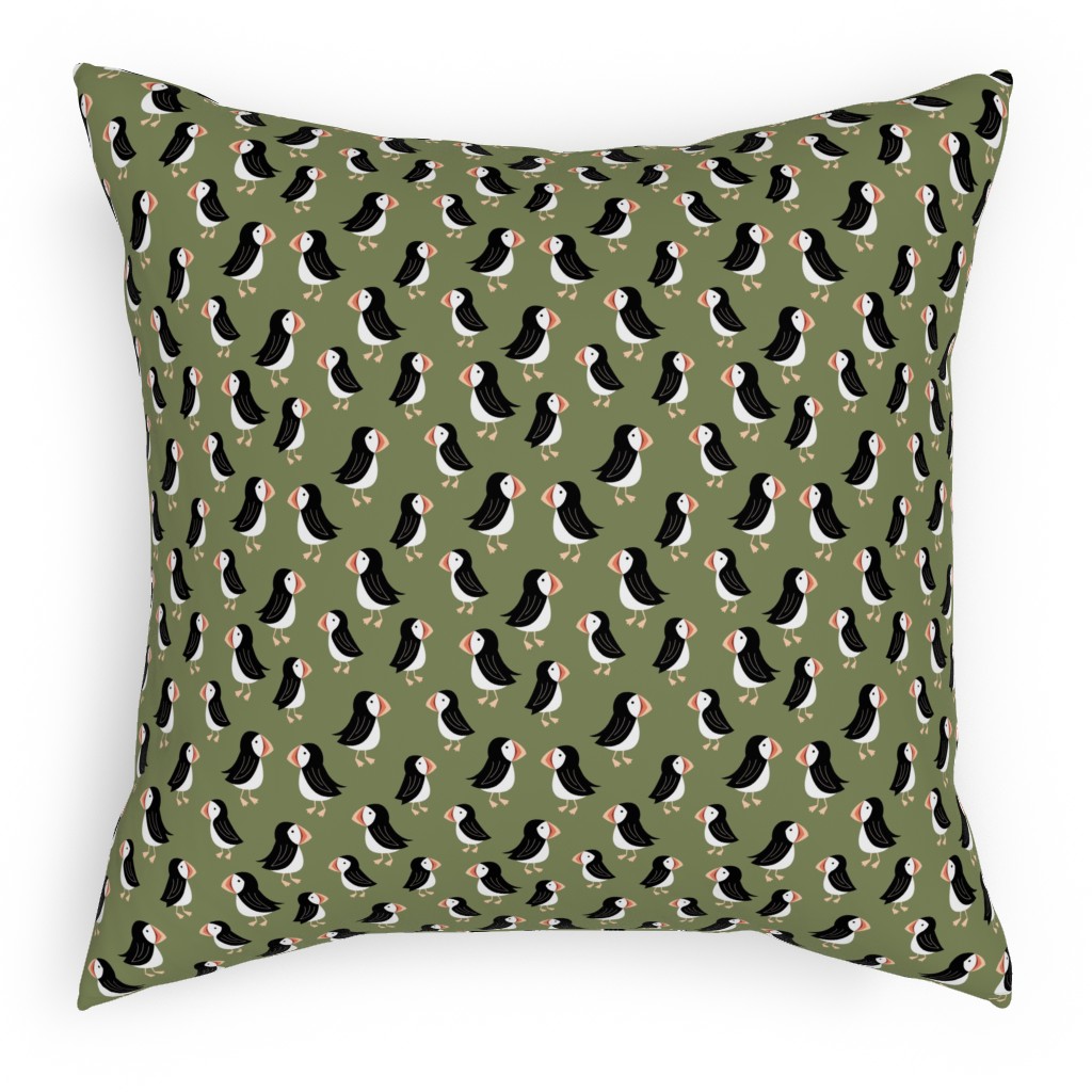 Little Puffin Friends Pillow, Woven, White, 18x18, Double Sided, Green