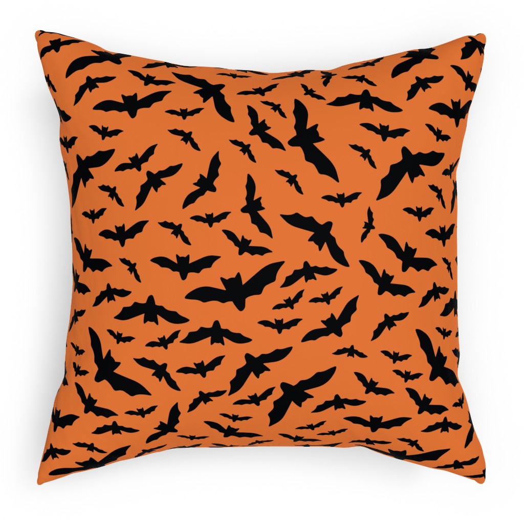 Black Bats Pillow, Woven, White, 18x18, Double Sided, Orange, Pumpkin