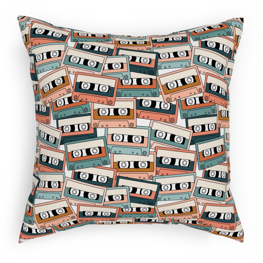Retro Audio Tape Cassette Pillow, Woven, White, 18x18, Double Sided, Multicolor, Fern