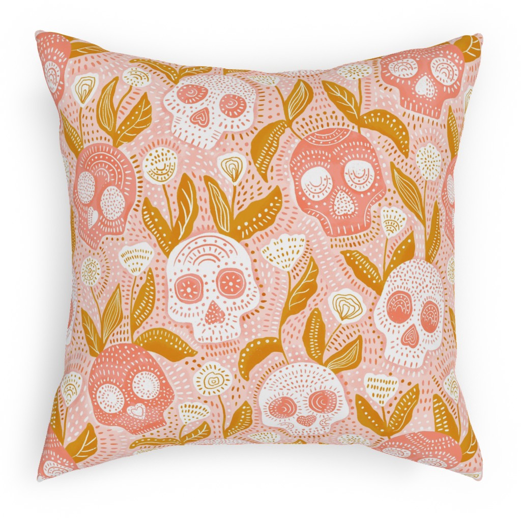 Halloween Skulls - Pastel Pillow, Woven, White, 18x18, Double Sided, Pink, Bright Pink