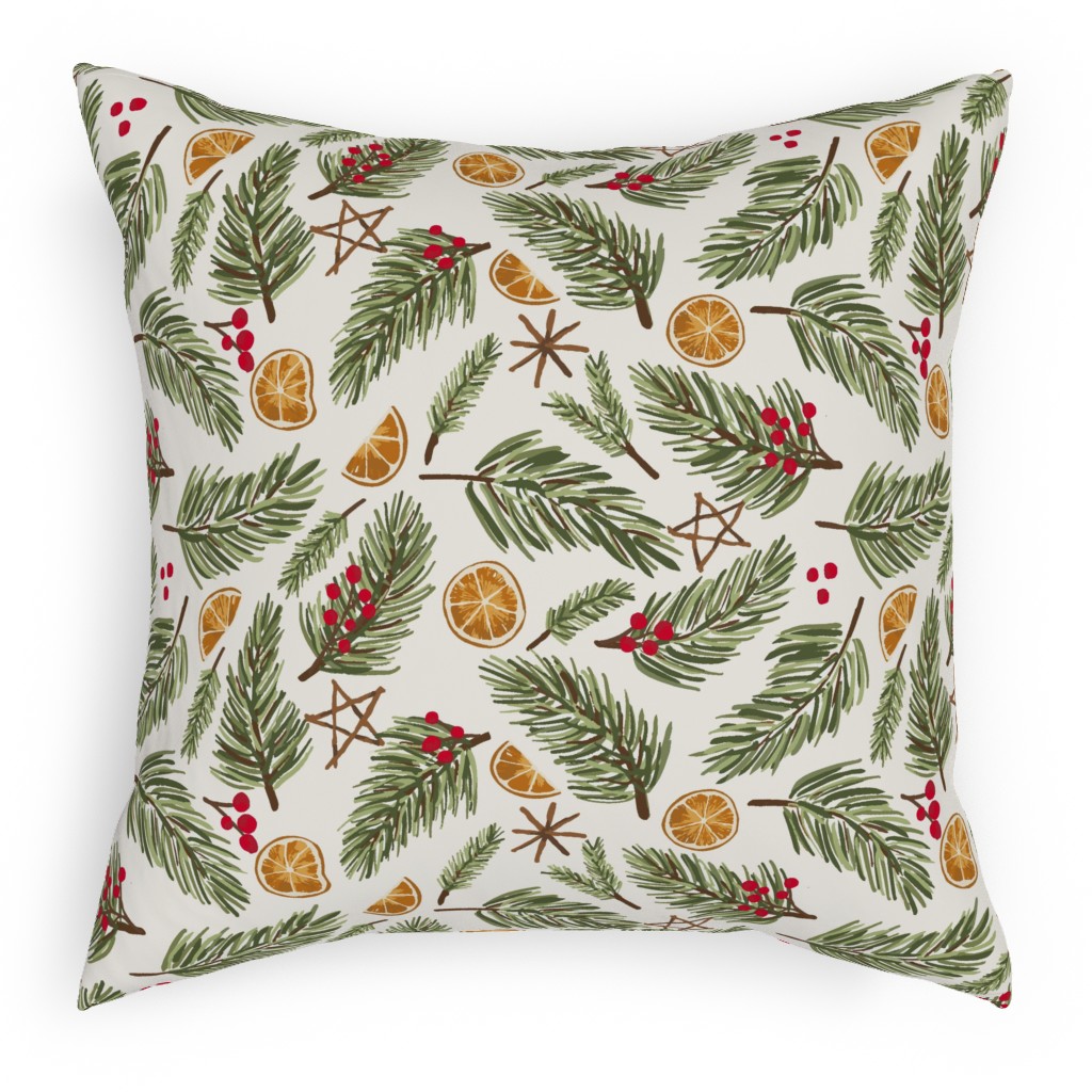 Festive Christmas Pine Sprigs Pillow, Woven, White, 18x18, Double Sided, Multicolor