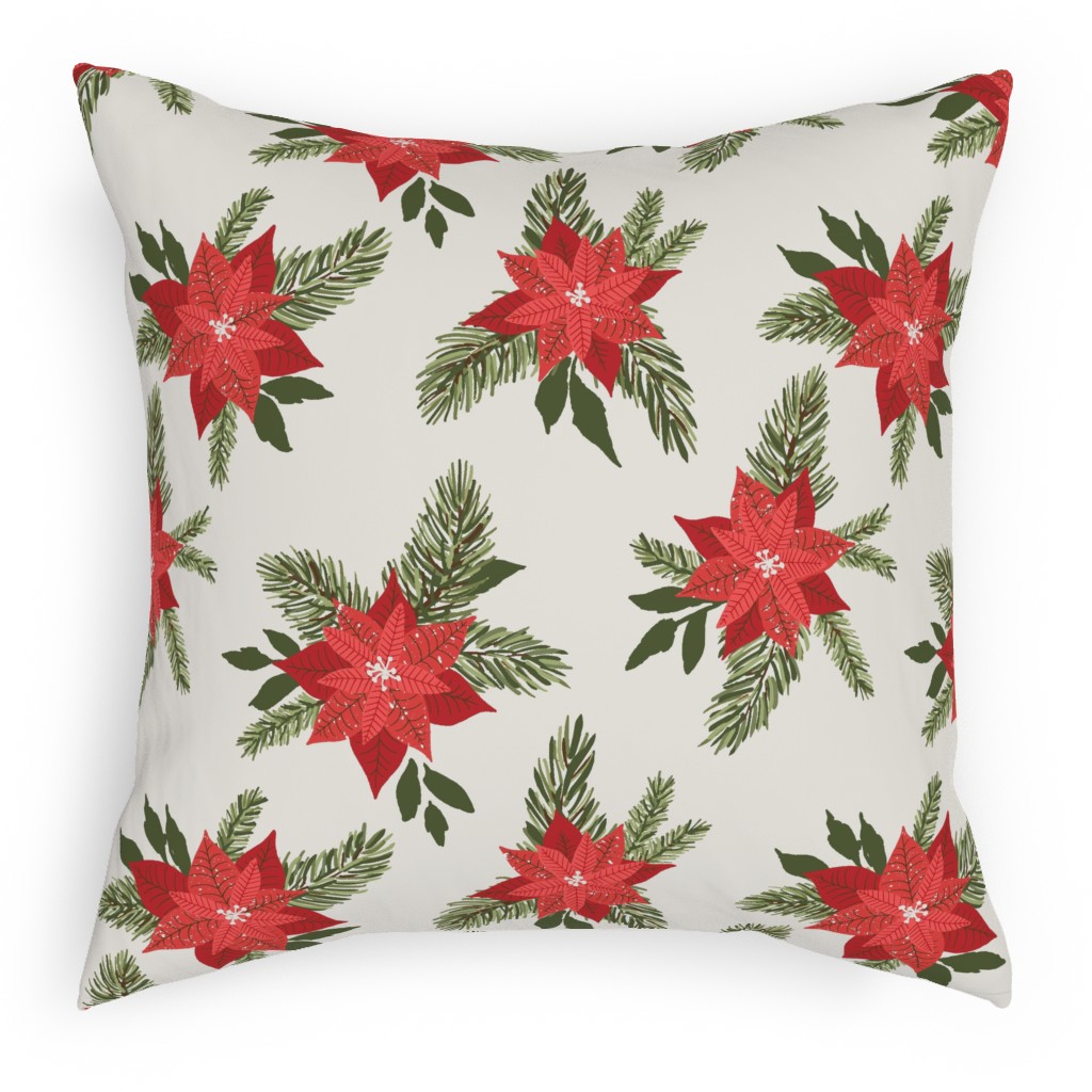 Red Poinsettia Christmas Flowers Pillow, Woven, White, 18x18, Double Sided, Red, Red