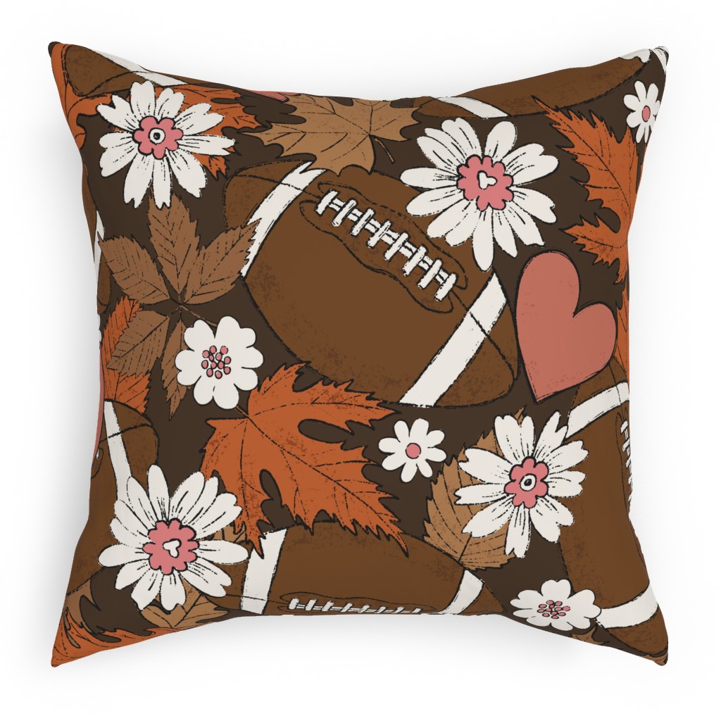Football, Fall and Florals - Brown Pillow, Woven, White, 18x18, Double Sided, Brown, Brown