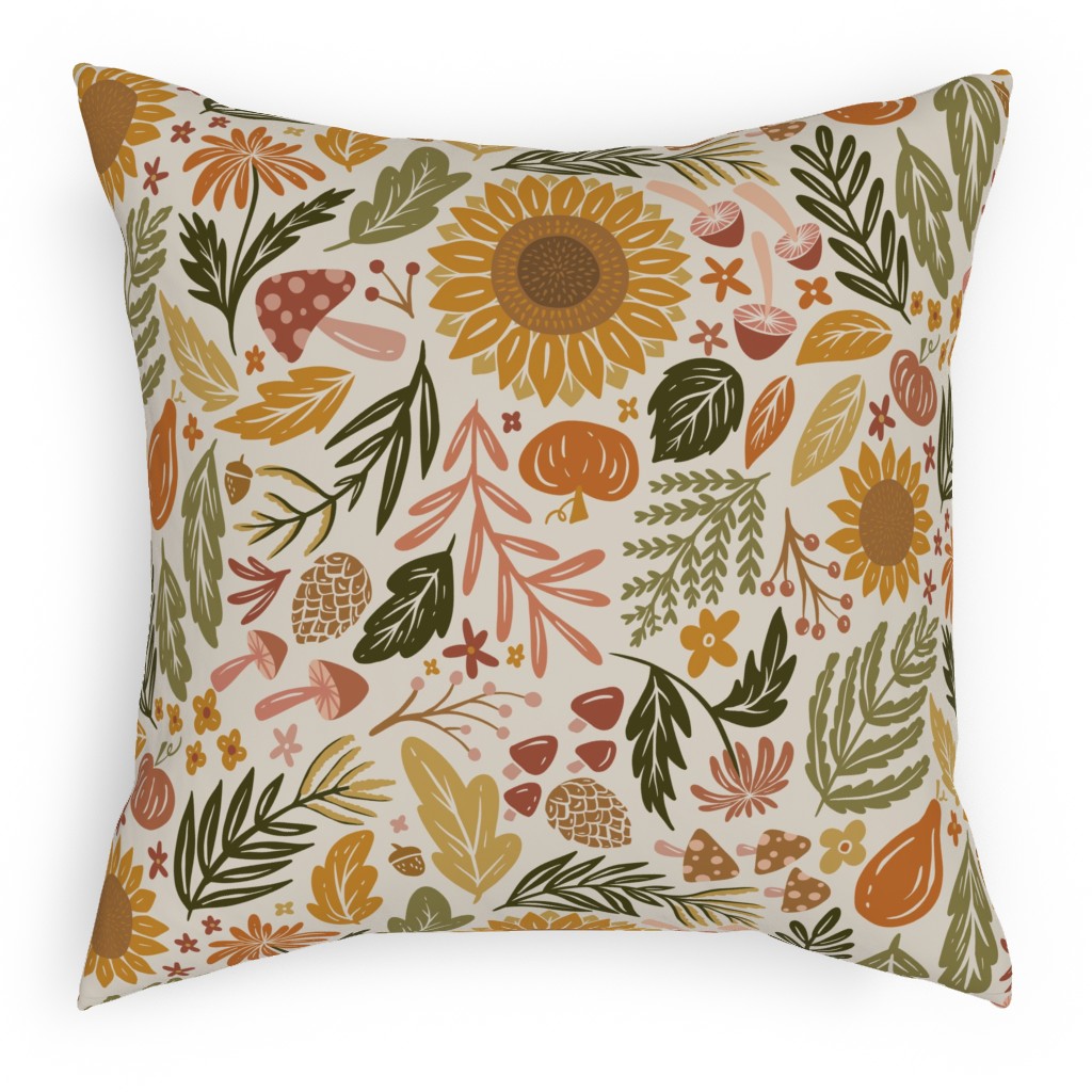 Autumn Botanicals - Leaves, Acorns, Sunflowers, Ferns, Mums, Pinecones, Mushrooms - Light Pillow, Woven, White, 18x18, Double Sided, Multicolor