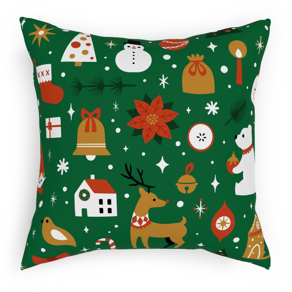 Traditional Christmas - Green Pillow, Woven, White, 18x18, Double Sided, Multicolor