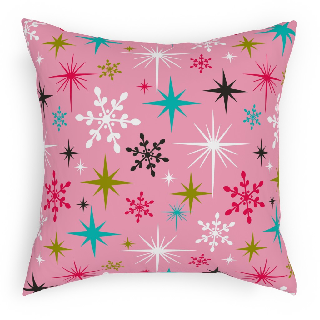Stardust Retro Christmas Snowflakes and Stars - Pink Pillow, Woven, White, 18x18, Double Sided, Pink, Bright Pink