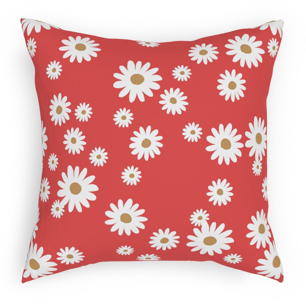Vintage Daisies - White on Red Pillow, Woven, White, 18x18, Double Sided, Red