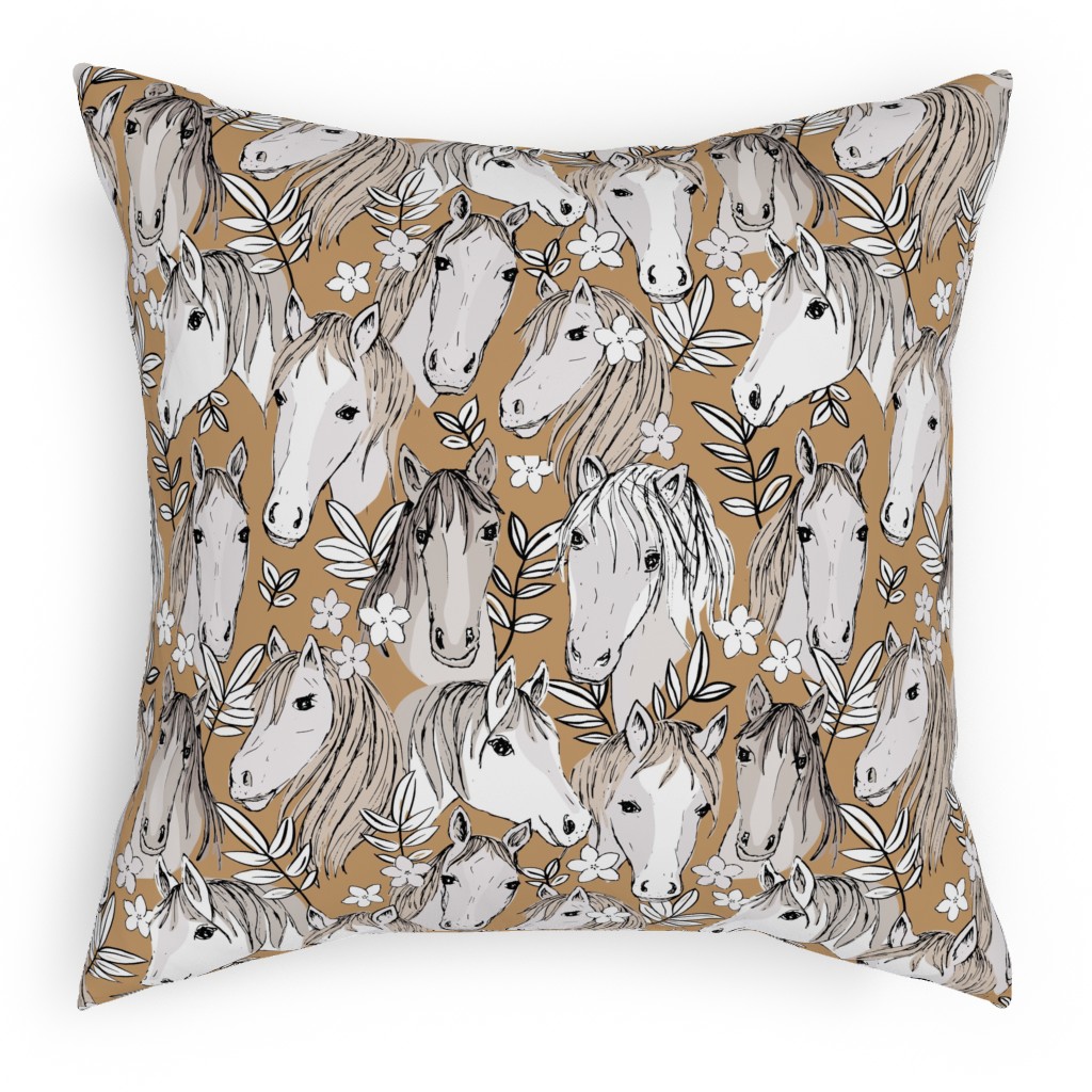 Wild Horses Pillow, Woven, White, 18x18, Double Sided, Brown, Dust Bunny