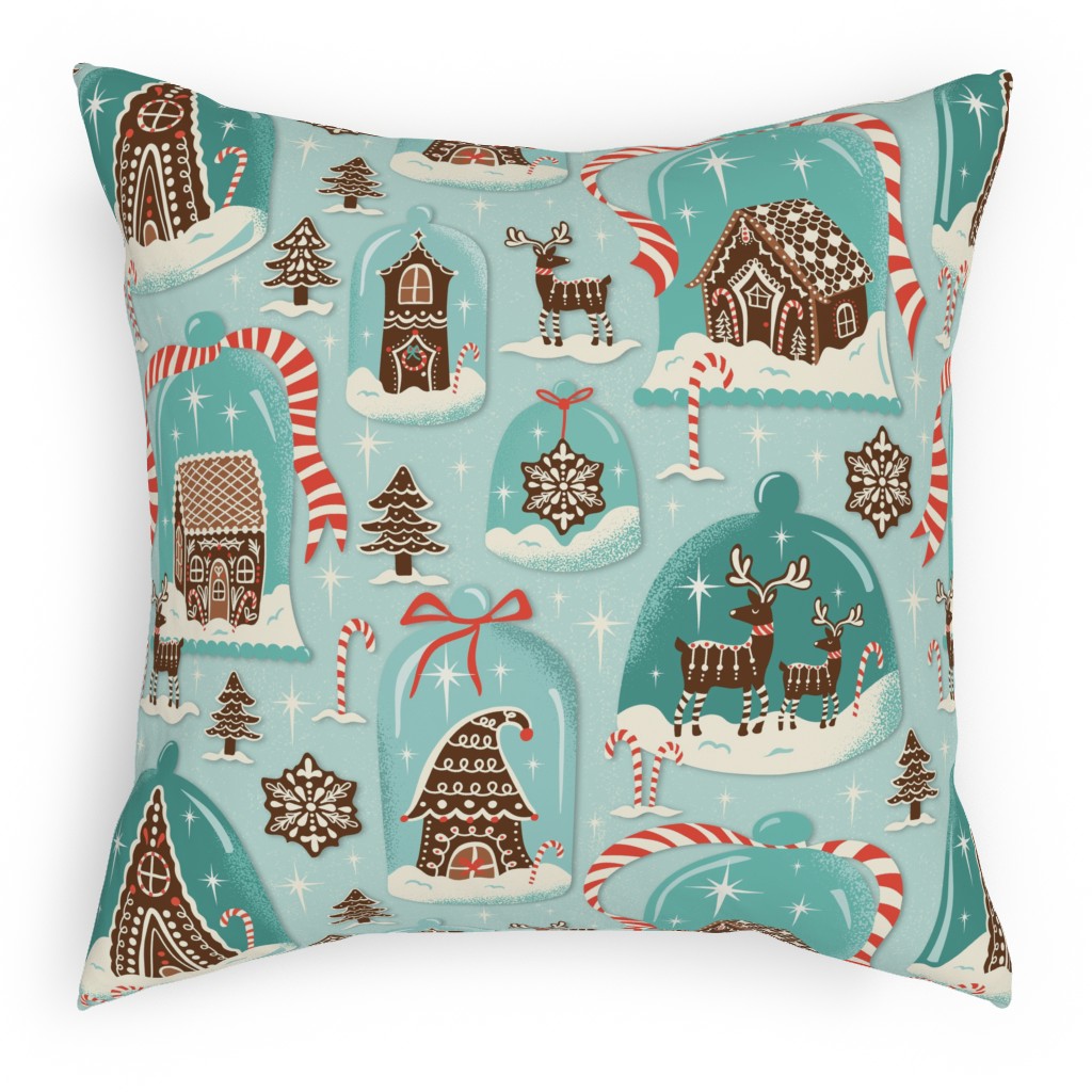 Christmas Gingerbread Village - Aqua Pillow, Woven, White, 18x18, Double Sided, Blue, True Blue