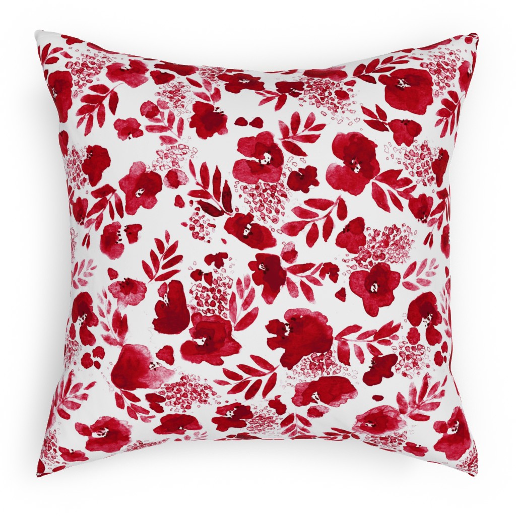 Floret Floral - Red Pillow, Woven, White, 18x18, Double Sided, Red