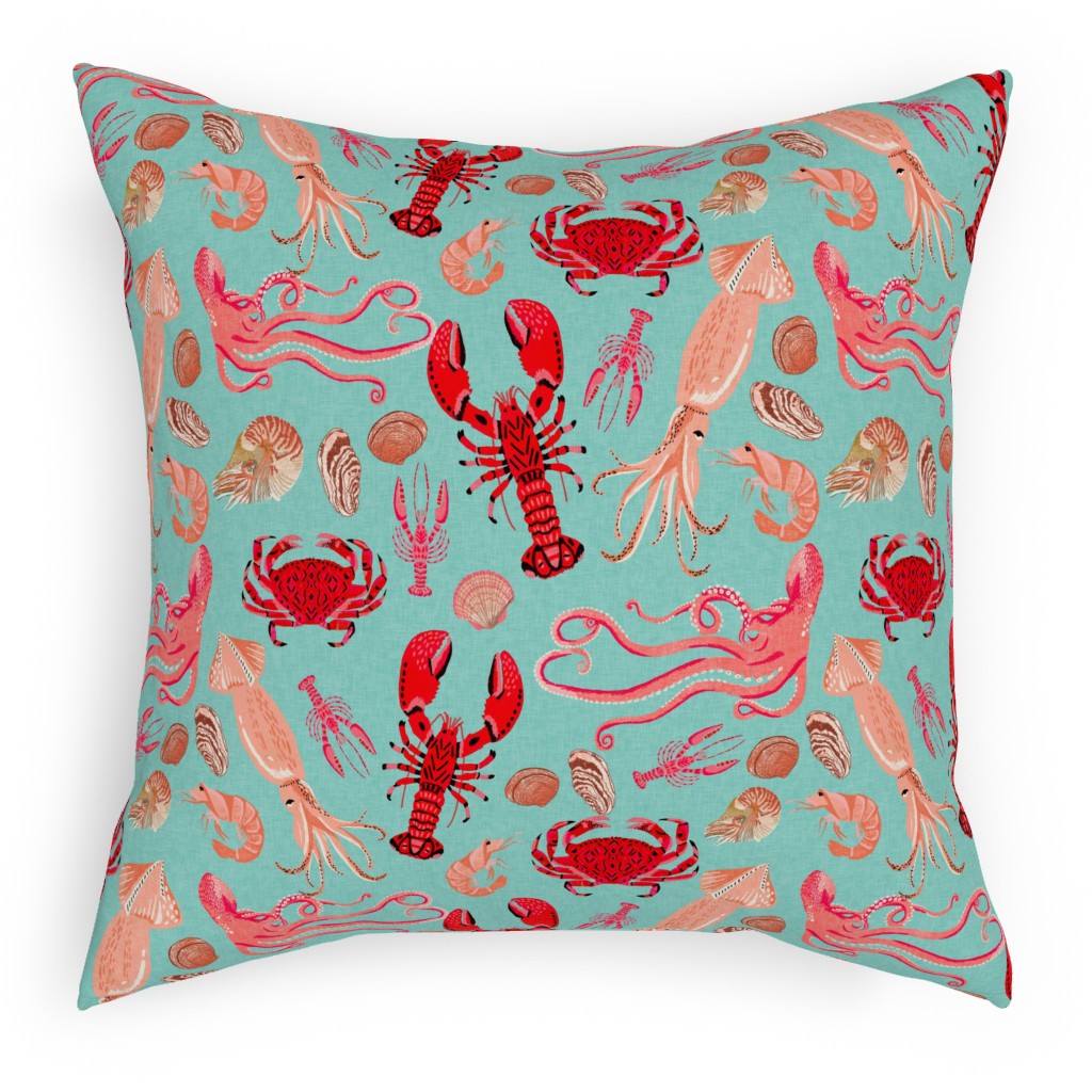 Ocean Creatures - Red on Green Pillow, Woven, White, 18x18, Double Sided, Red