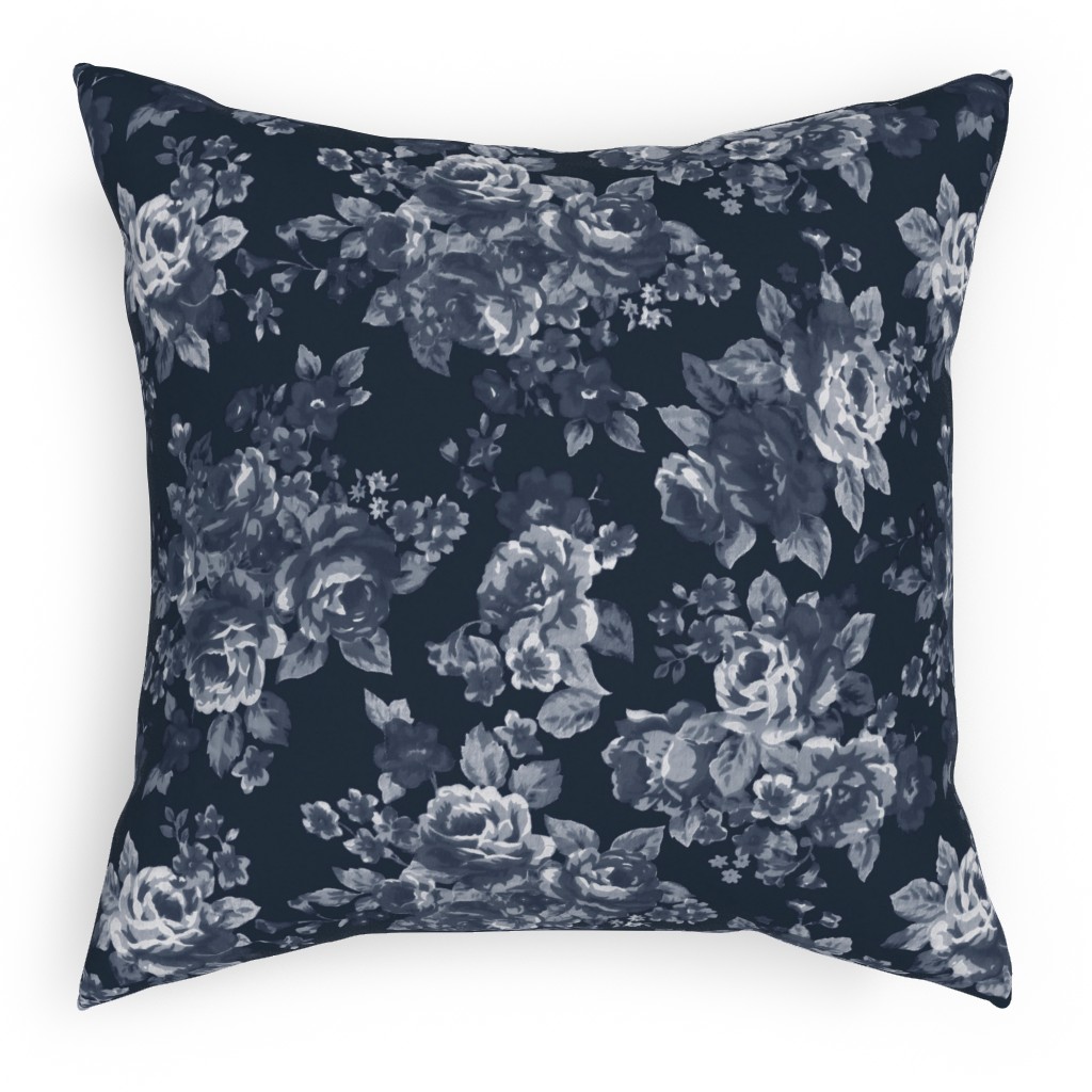 Navy Floral Pillow, Woven, White, 18x18, Double Sided, Blue