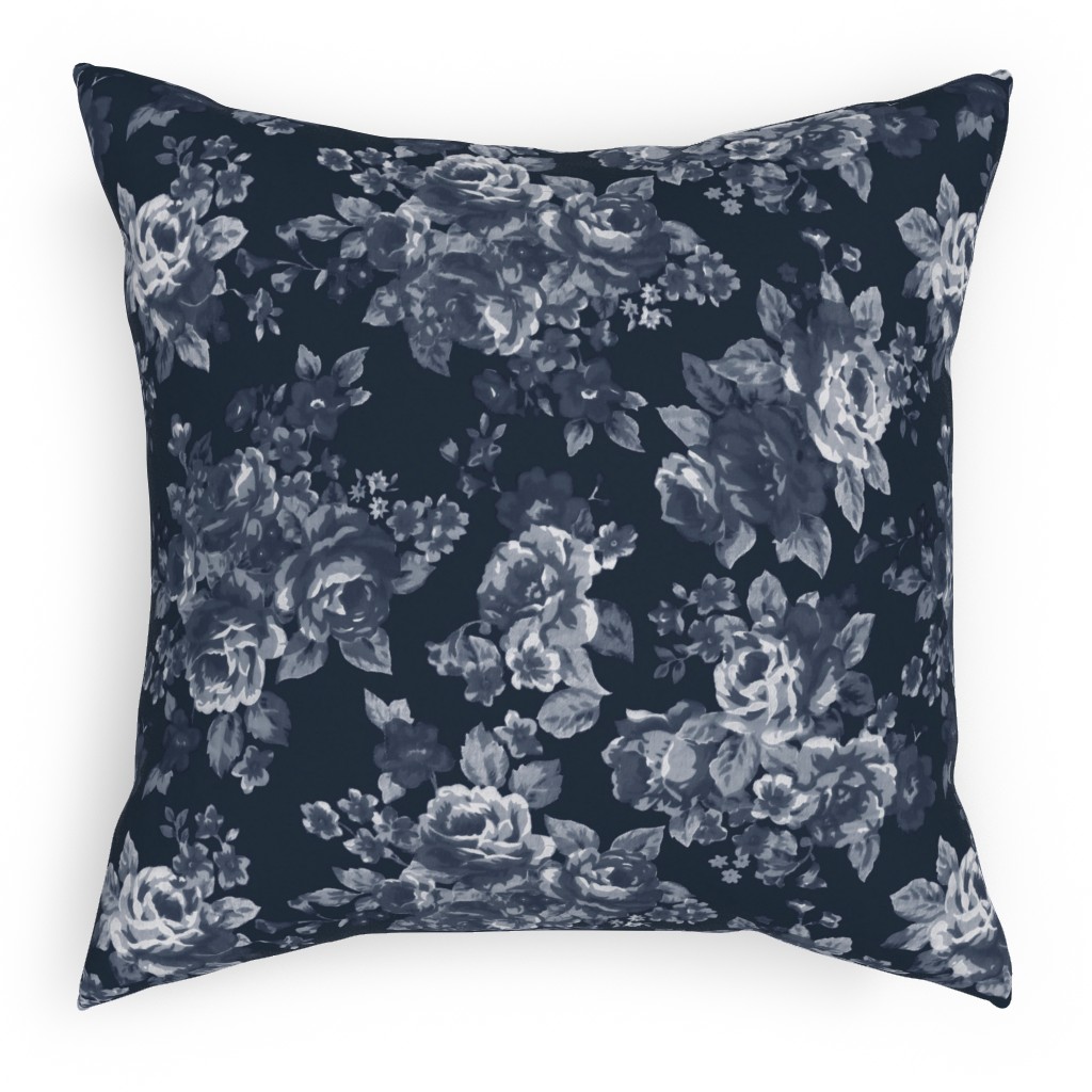 Navy Floral Pillow, Woven, White, 18x18, Double Sided, Blue, True Blue