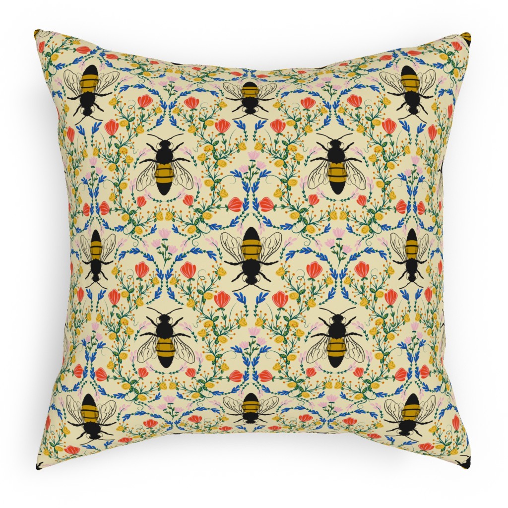 Bee Garden - Multi on Cream Pillow, Woven, White, 18x18, Double Sided, Yellow