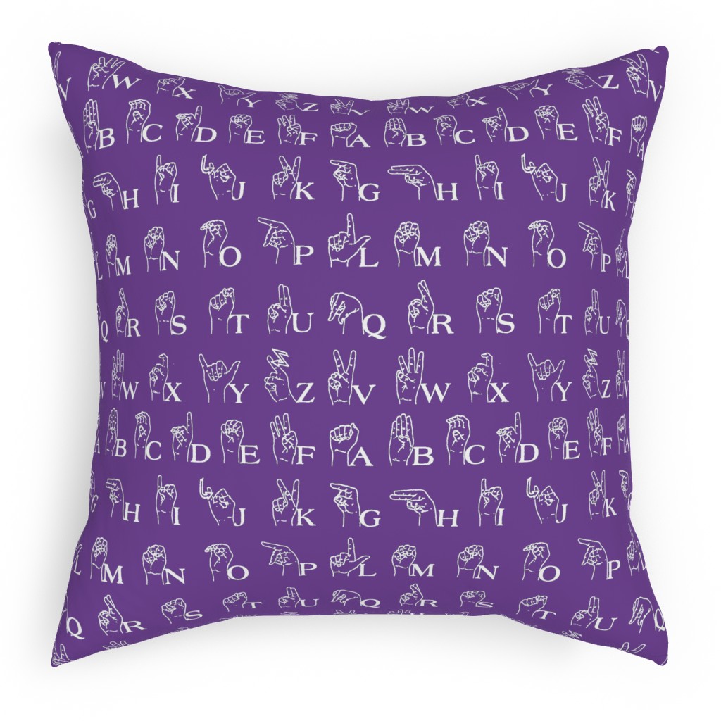 Sign Language Alphabet Pillow, Woven, White, 18x18, Double Sided, Purple, Aubergine