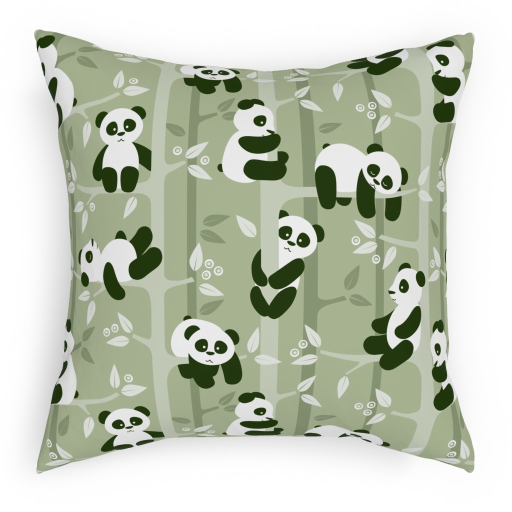 Pandas and Bamboo Pillow, Woven, White, 18x18, Double Sided, Green