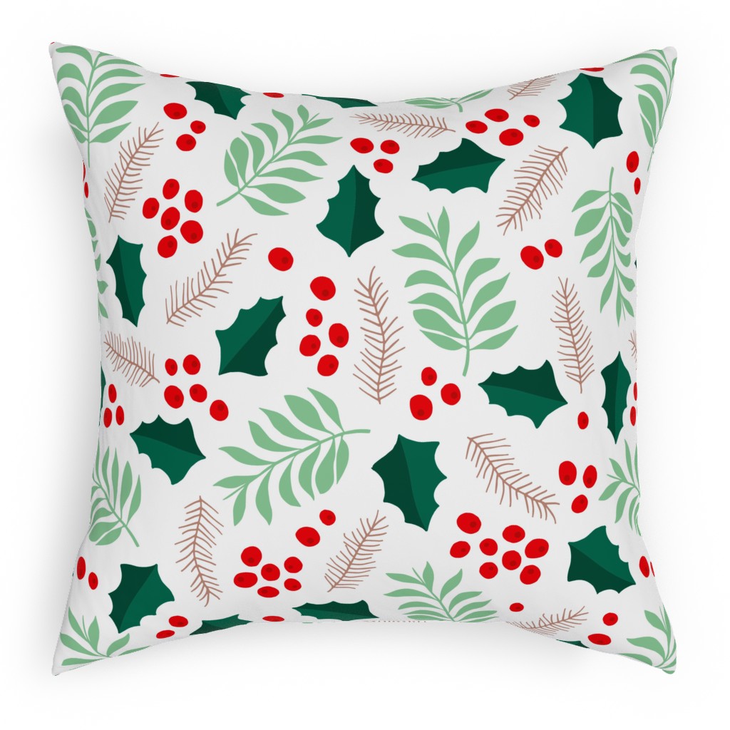 Botanical Christmas Garden Pine Leaves Holly Branch Berries - Green and Red Pillow, Woven, White, 18x18, Double Sided, Green, Classic Green