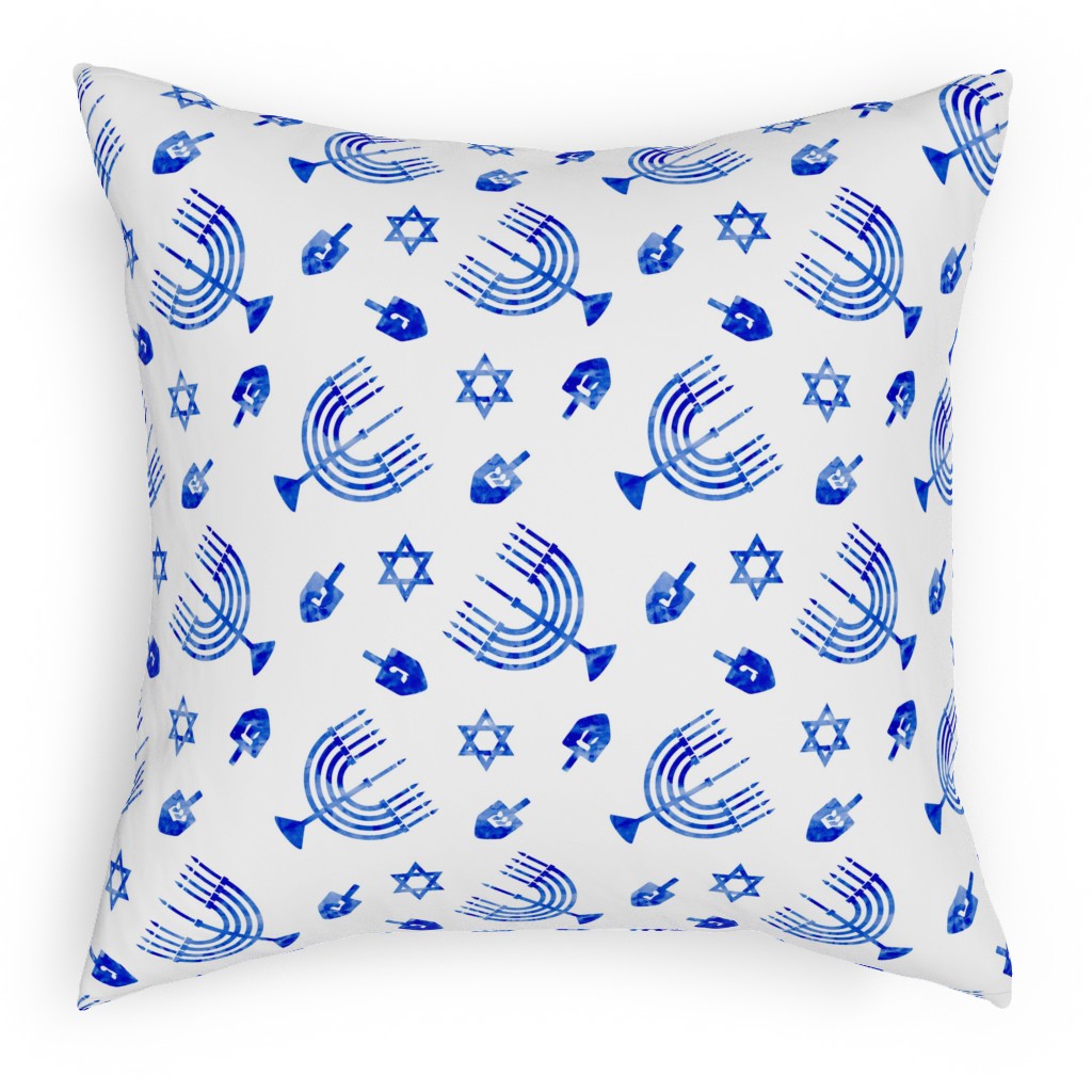 Watercolor Hanukkah Menorah, Dreidel, Star of David - Blue Pillow, Woven, White, 18x18, Double Sided, Blue