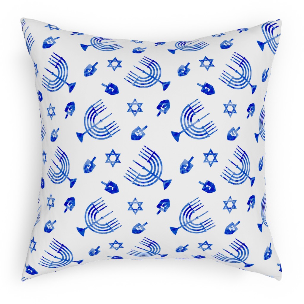 Watercolor Hanukkah Menorah, Dreidel, Star of David - Blue Pillow, Woven, White, 18x18, Double Sided, Blue, True Blue