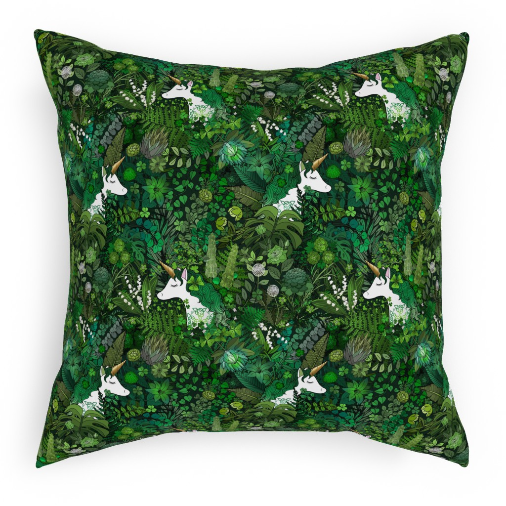 Irish Unicorn in a Green Garden Pillow, Woven, White, 18x18, Double Sided, Green, Classic Green