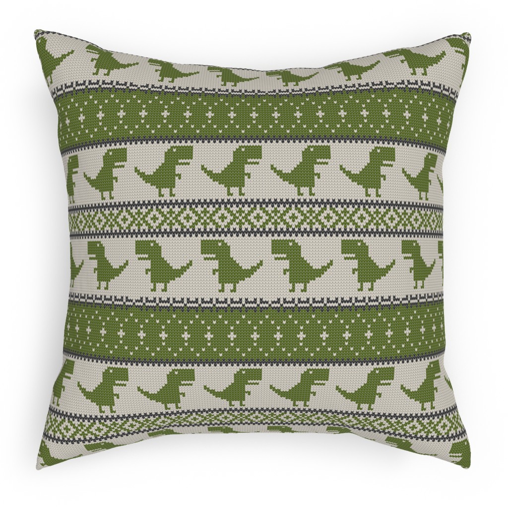 Fair Isle T-Rex Dino - Green Pillow, Woven, White, 18x18, Double Sided, Green, Classic Green